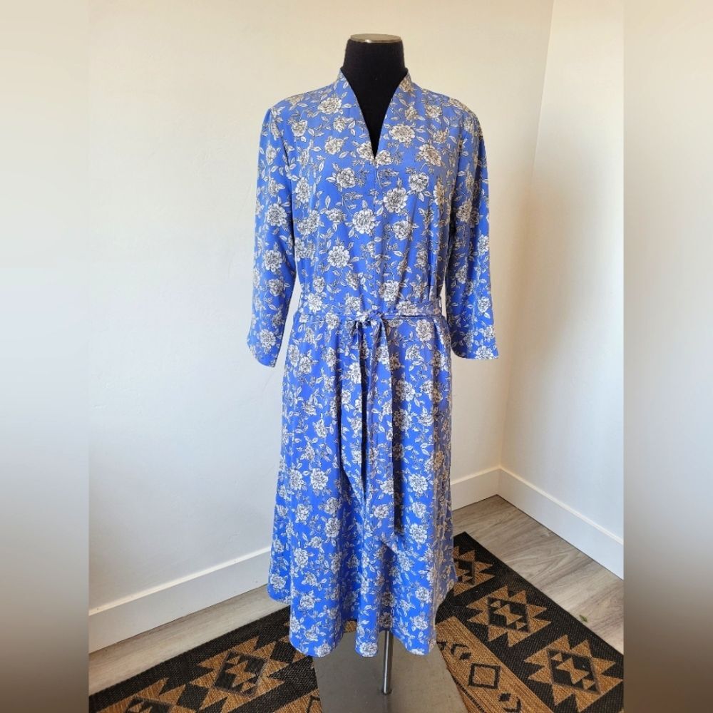 Appleseed's Floral Midi Dress Blue A-Line Modest Classic Retro Teacher Size 14